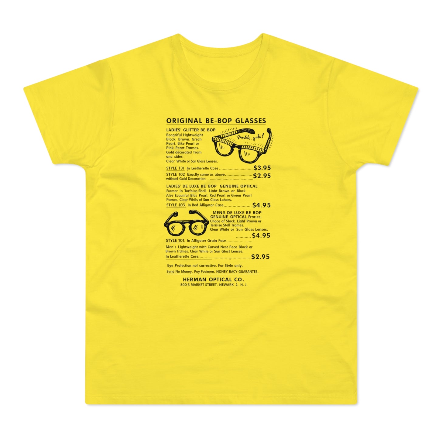 Yellow t-shirt with text and illustrations of retro glasses.