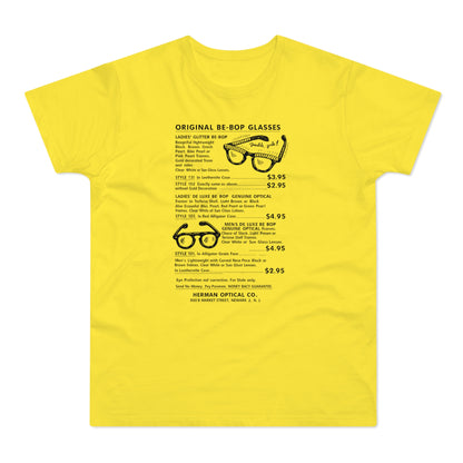 Yellow t-shirt with text and illustrations of retro glasses.