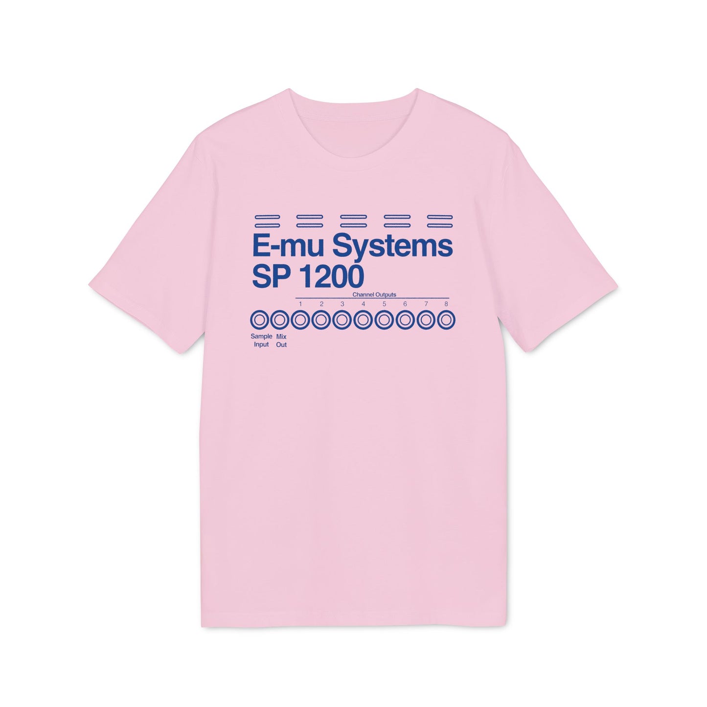 Pink t-shirt with blue E-mu Systems SP 1200 design and circular outputs.