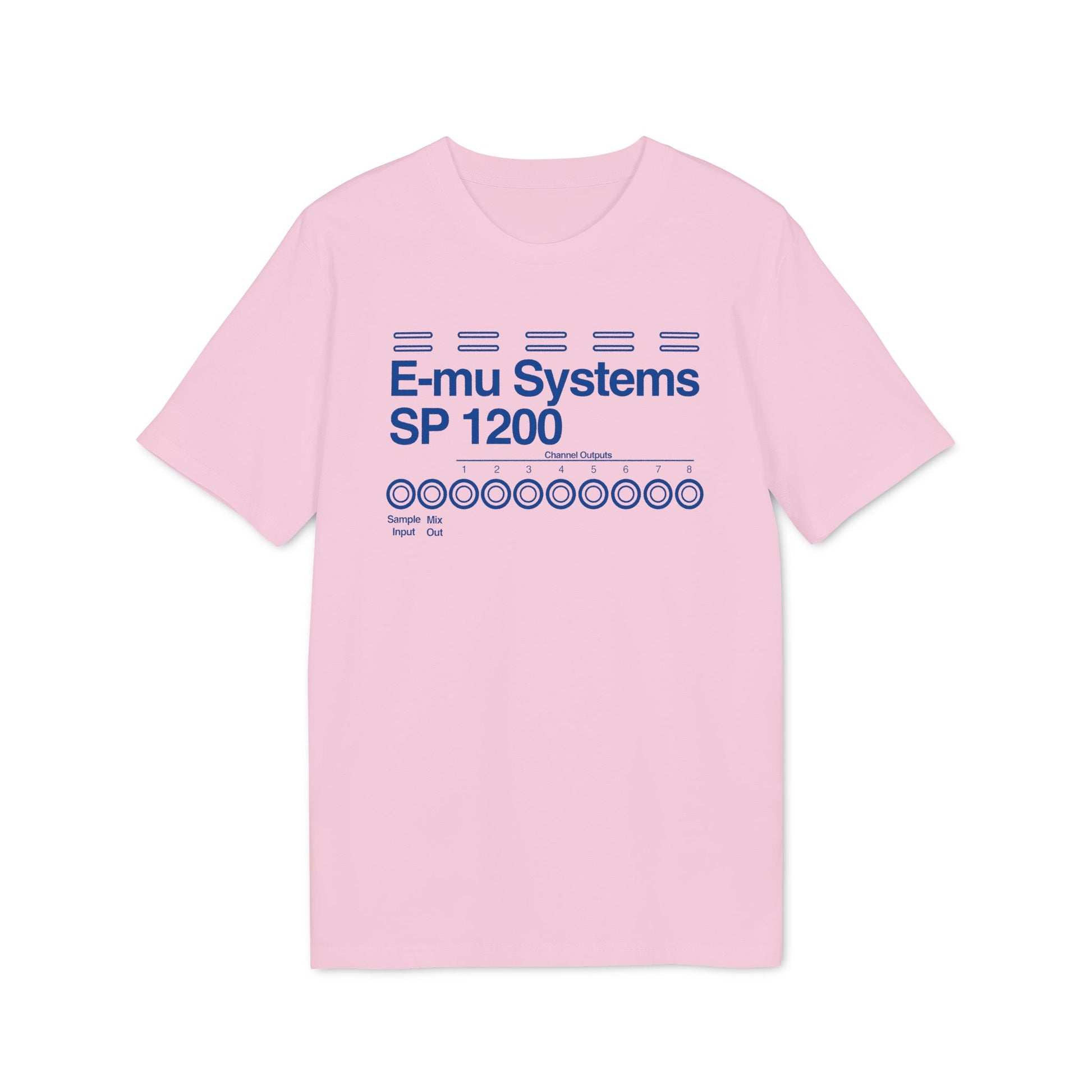 Pink t-shirt with blue E-mu Systems SP 1200 design and circular outputs.
