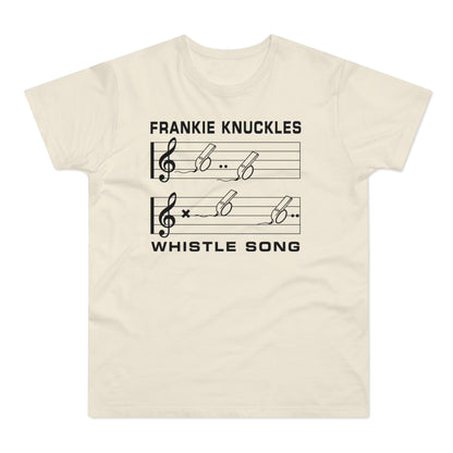 Frankie Knuckles Whistle Song graphic on a cream t-shirt, featuring musical notation.