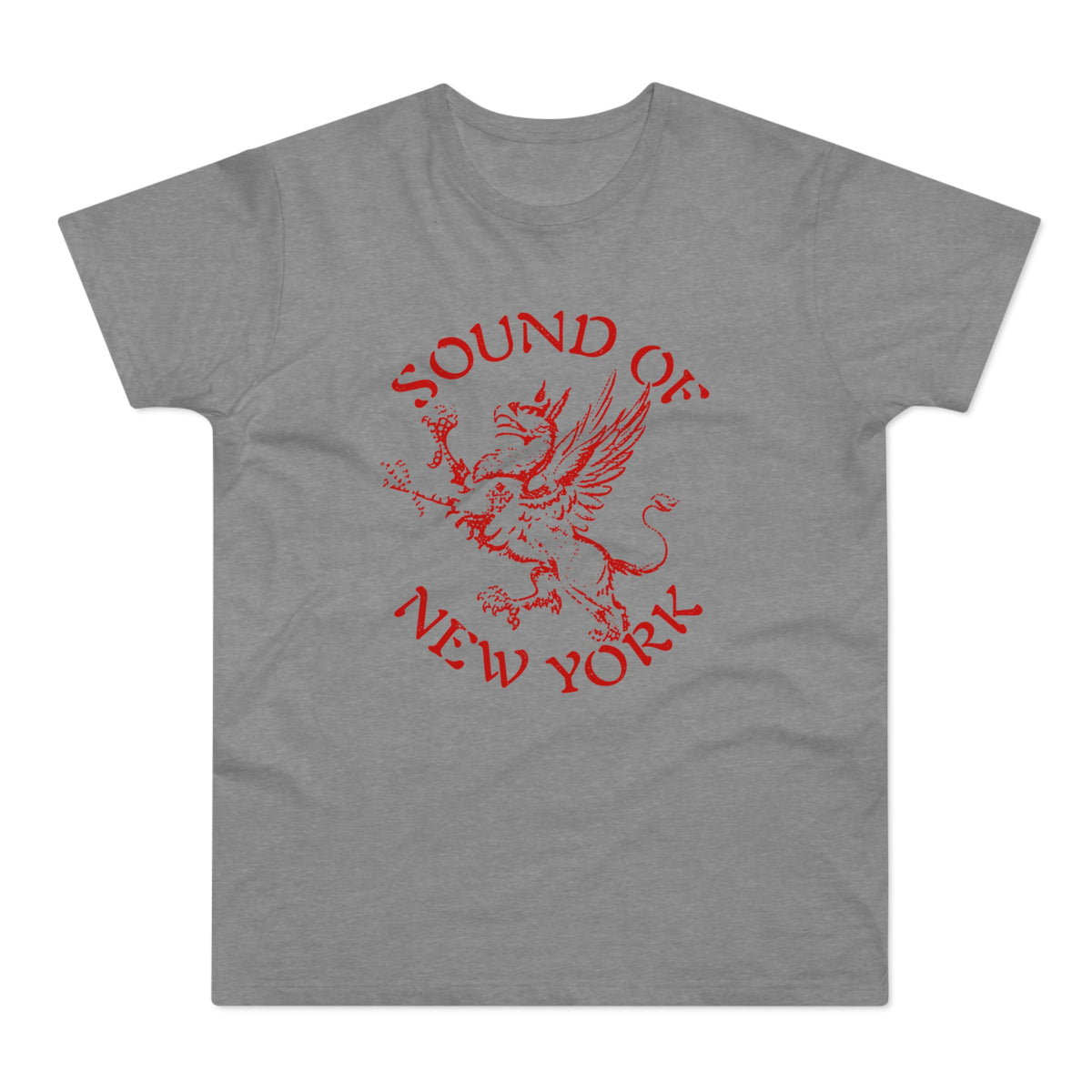 Grey t-shirt with red graphic of a griffin and text "SOUND OF NEW YORK".