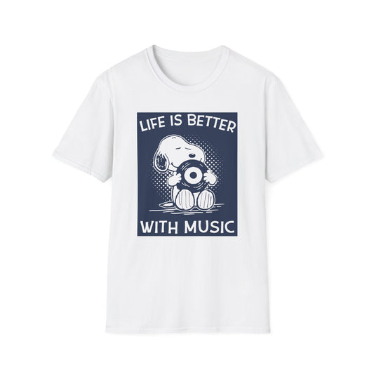 Snoopy holds a record and reads "Life is Better With Music."