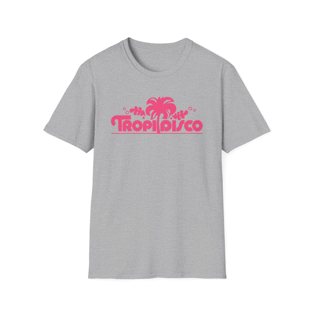 Grey t-shirt with pink "Tropi Disco" text and palm tree graphic.