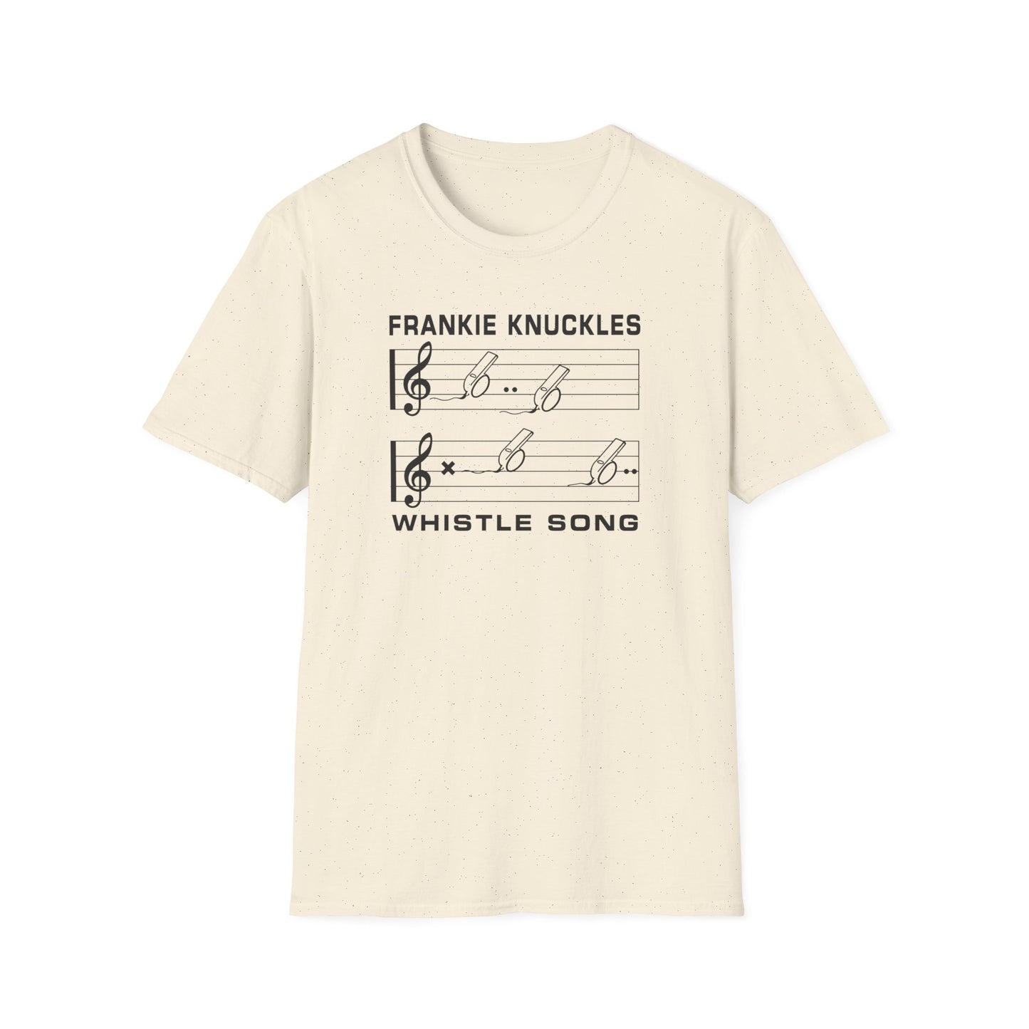 Off-white t-shirt with "WHISTLE SONG" and musical notes.