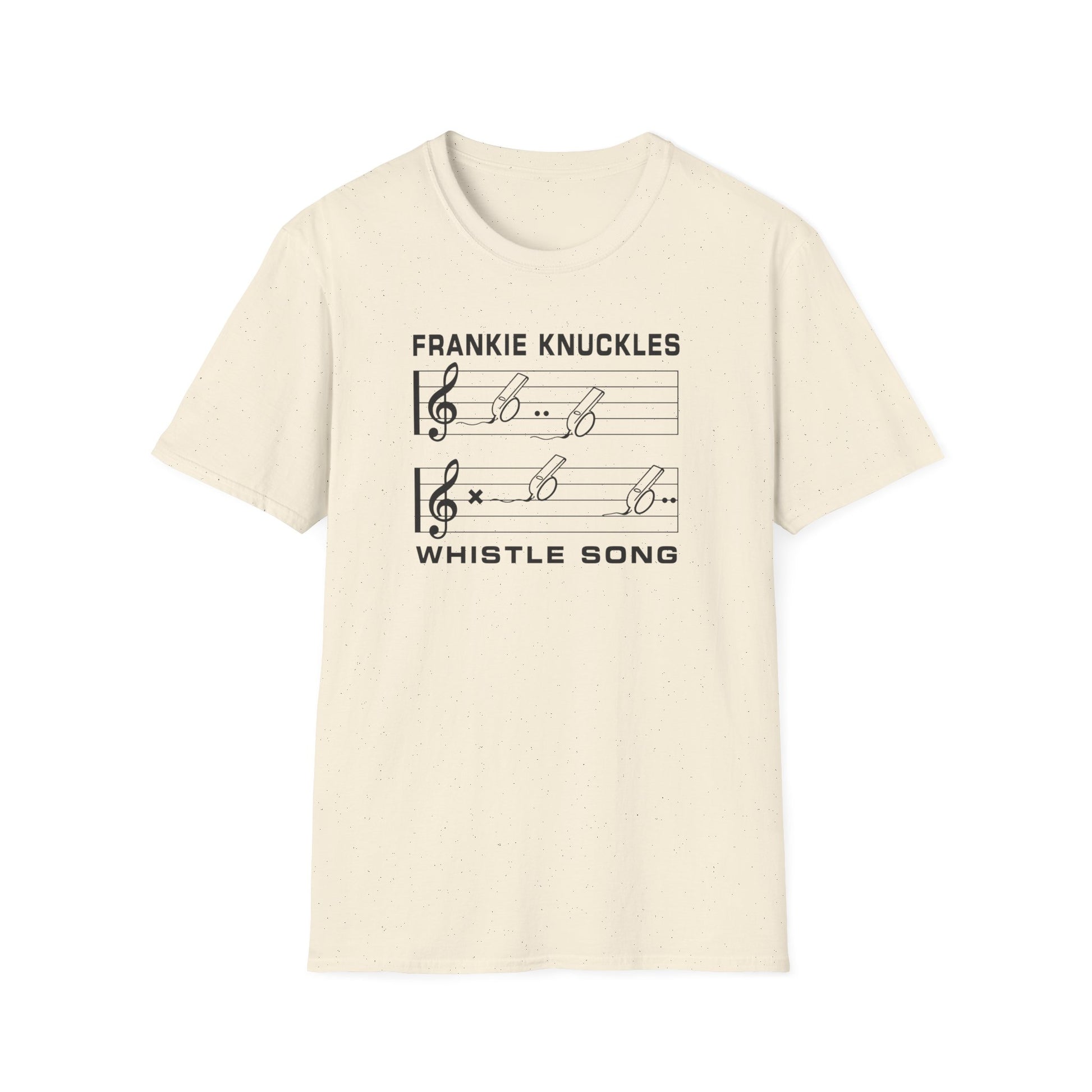 Off-white t-shirt with "WHISTLE SONG" and musical notes.