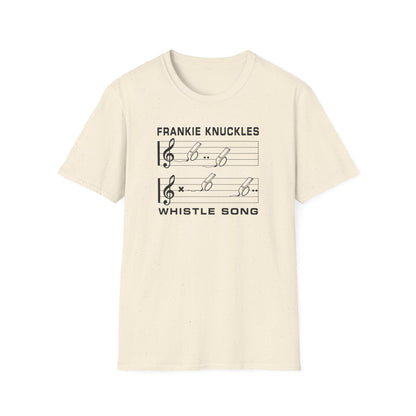Off-white t-shirt with "WHISTLE SONG" and musical notes.