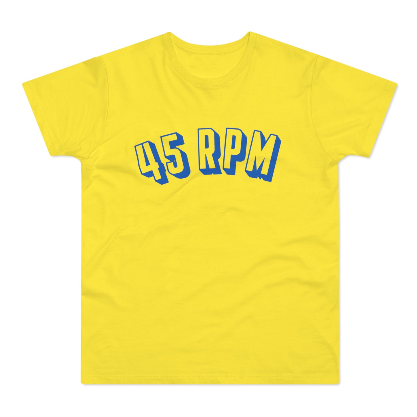 Yellow t-shirt with blue "45 RPM" text.