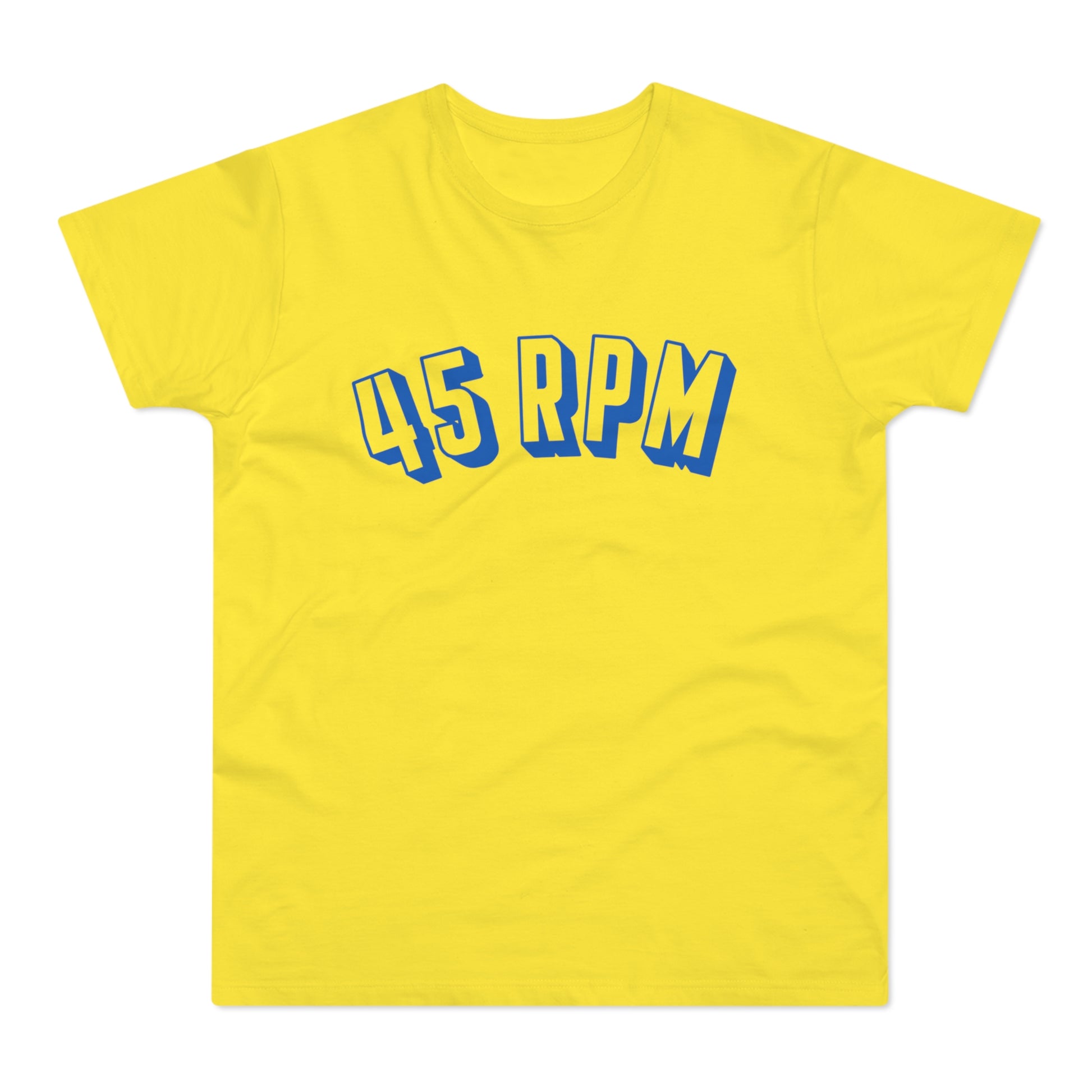 Yellow t-shirt with blue "45 RPM" text.