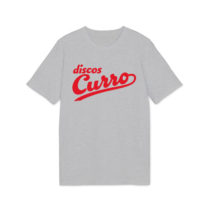 A grey short-sleeve t-shirt featuring the red text "discos Curro" centered on the chest.