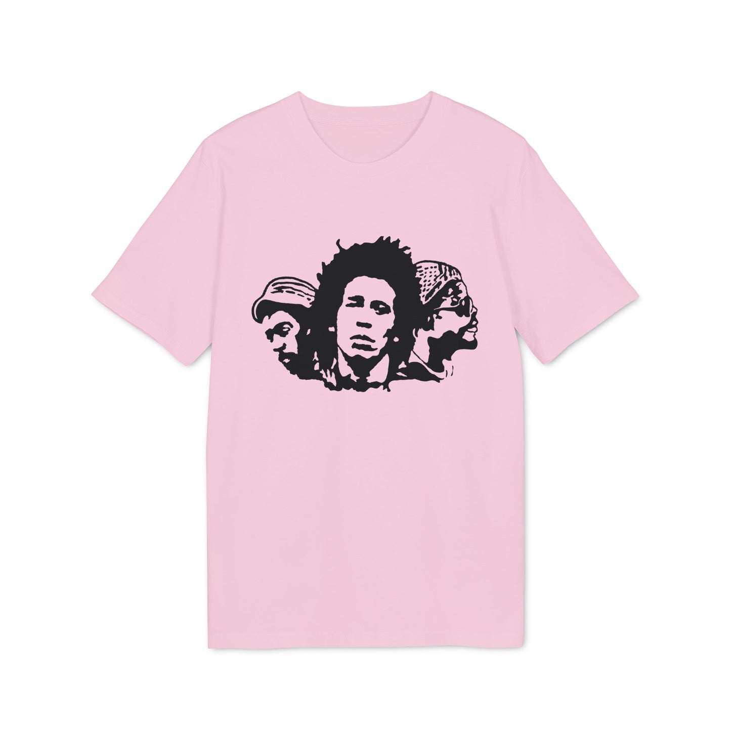 Black stencil of three men's faces on a light pink t-shirt.