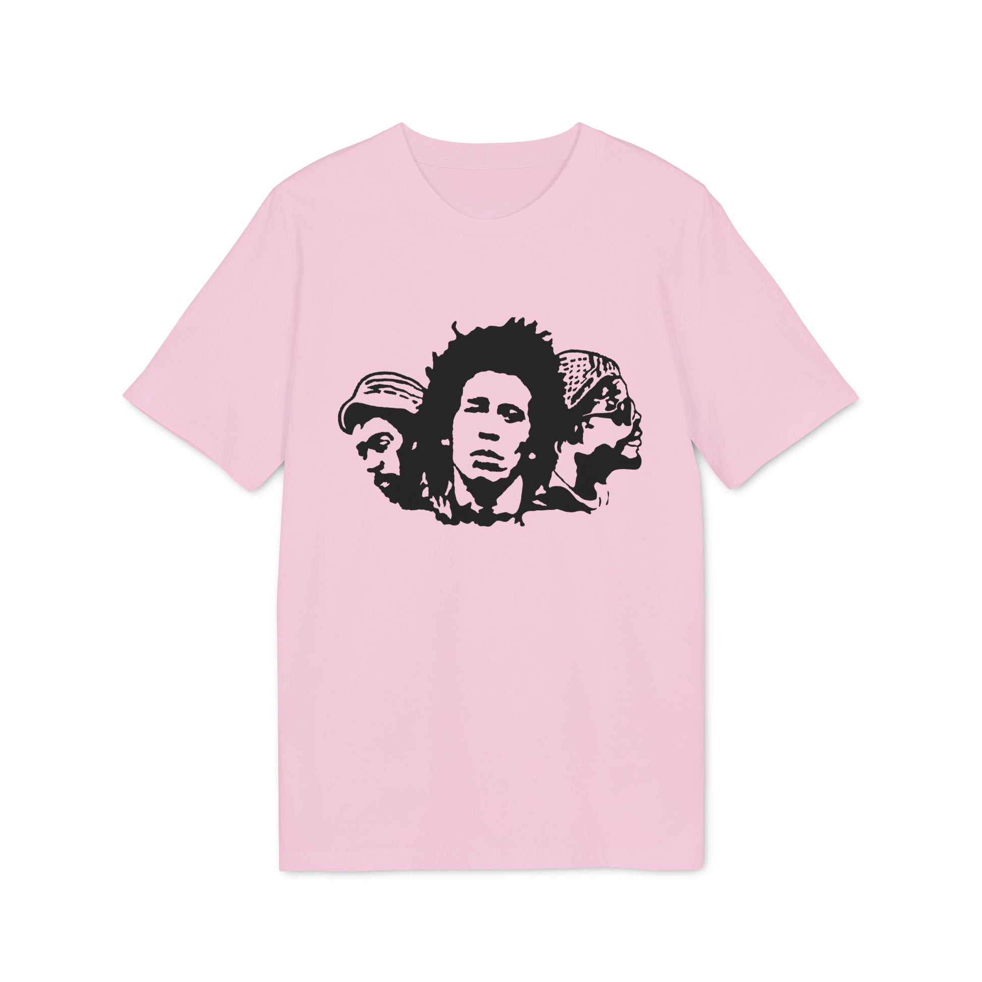 Black stencil of three men's faces on a light pink t-shirt.