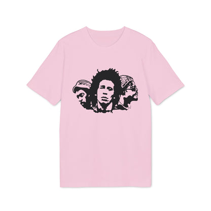 Black stencil of three men's faces on a light pink t-shirt.