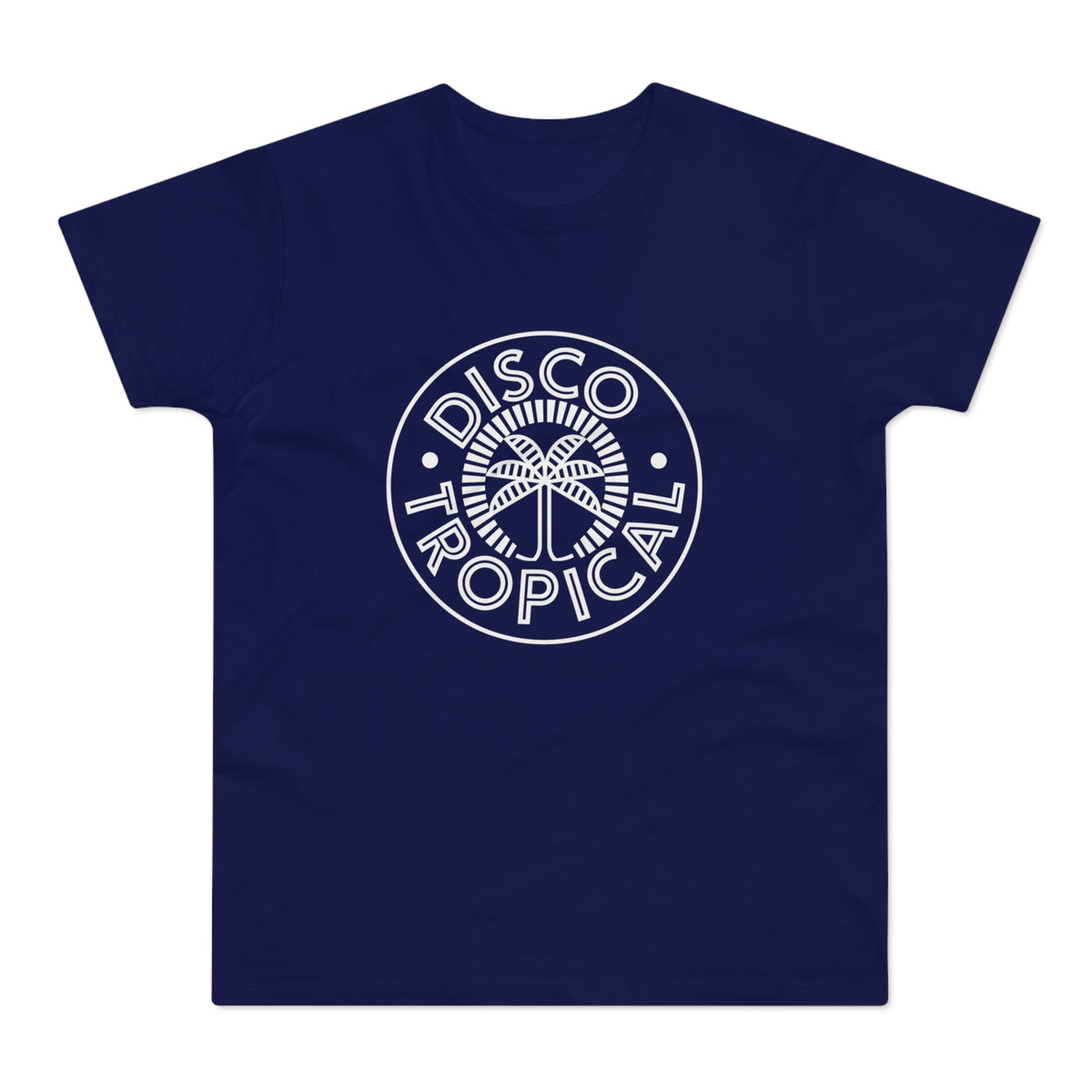 Navy t-shirt with a white circular logo featuring a palm tree and "Disco Tropical" text.
