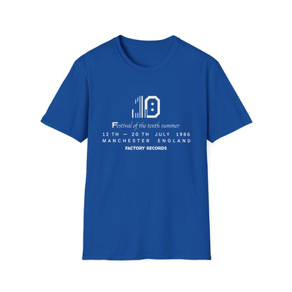 Blue t-shirt with "Festival of the tenth summer 1986 Manchester England Factory Records" text.