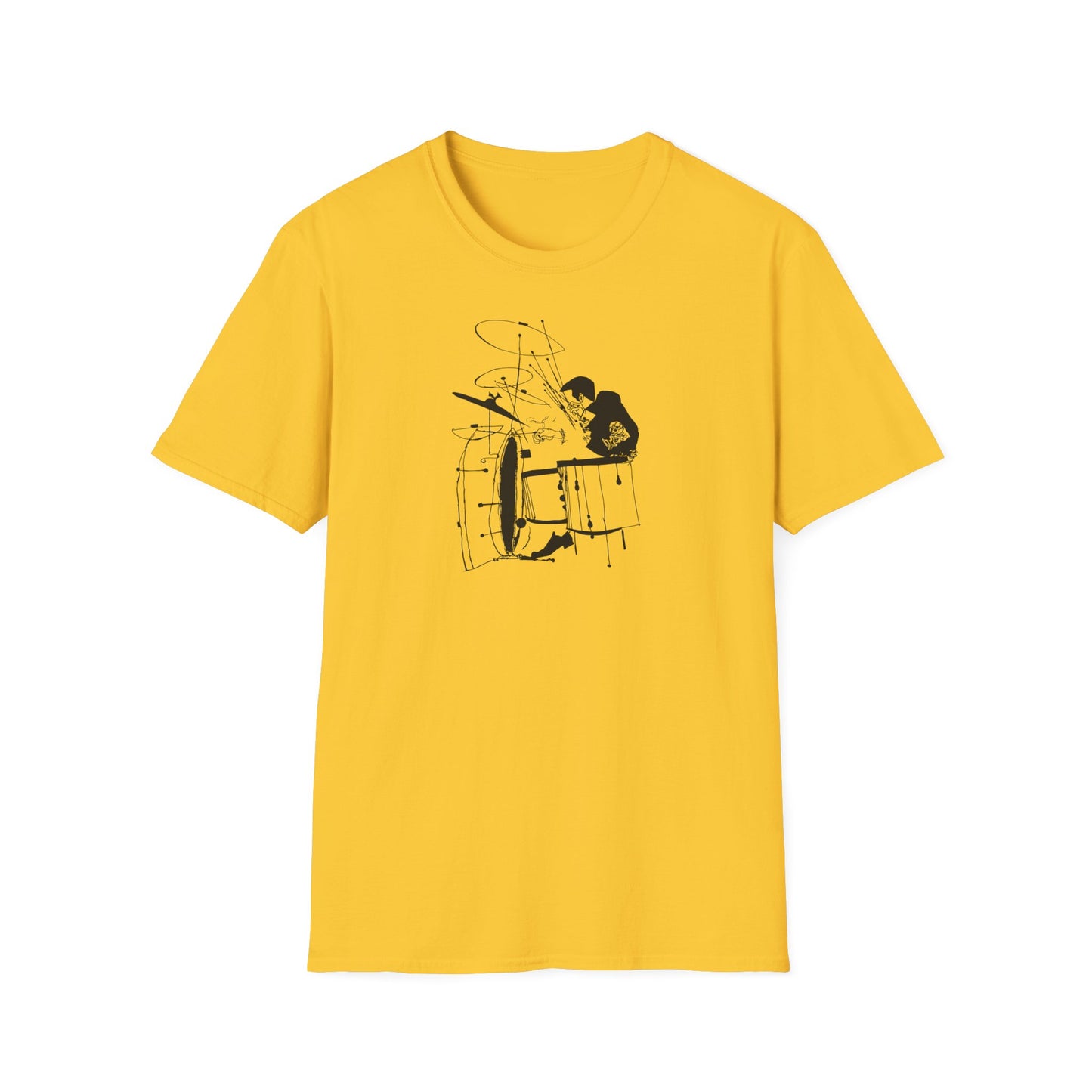 Yellow t-shirt with a black line drawing of a drummer at a kit.