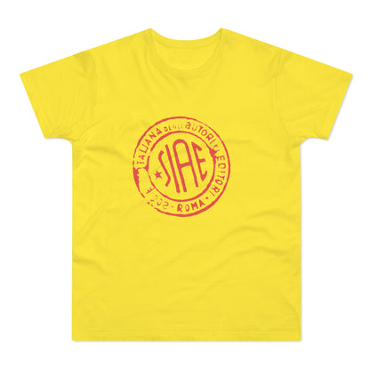 Yellow t-shirt with red SIAE logo, "ITALIANA DEGLI AUTORI EDITORI" and "2002 ROMA"