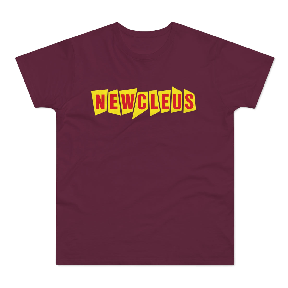 Maroon t-shirt with "NEWCLEUS" in yellow and red block letters.