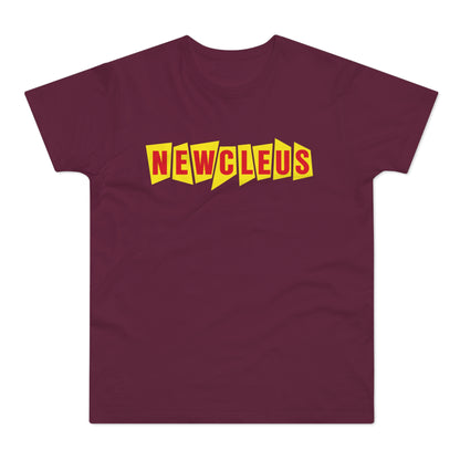 Maroon t-shirt with "NEWCLEUS" in yellow and red block letters.