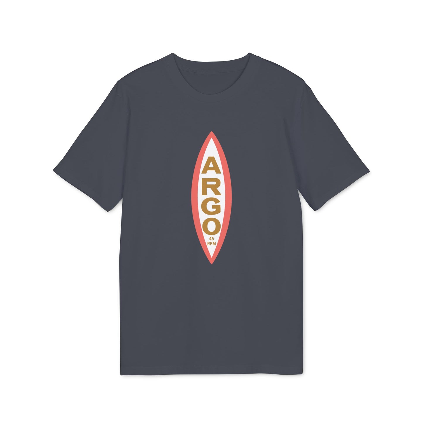 Dark grey t-shirt with oval logo featuring "ARGO 45 RPM" text.