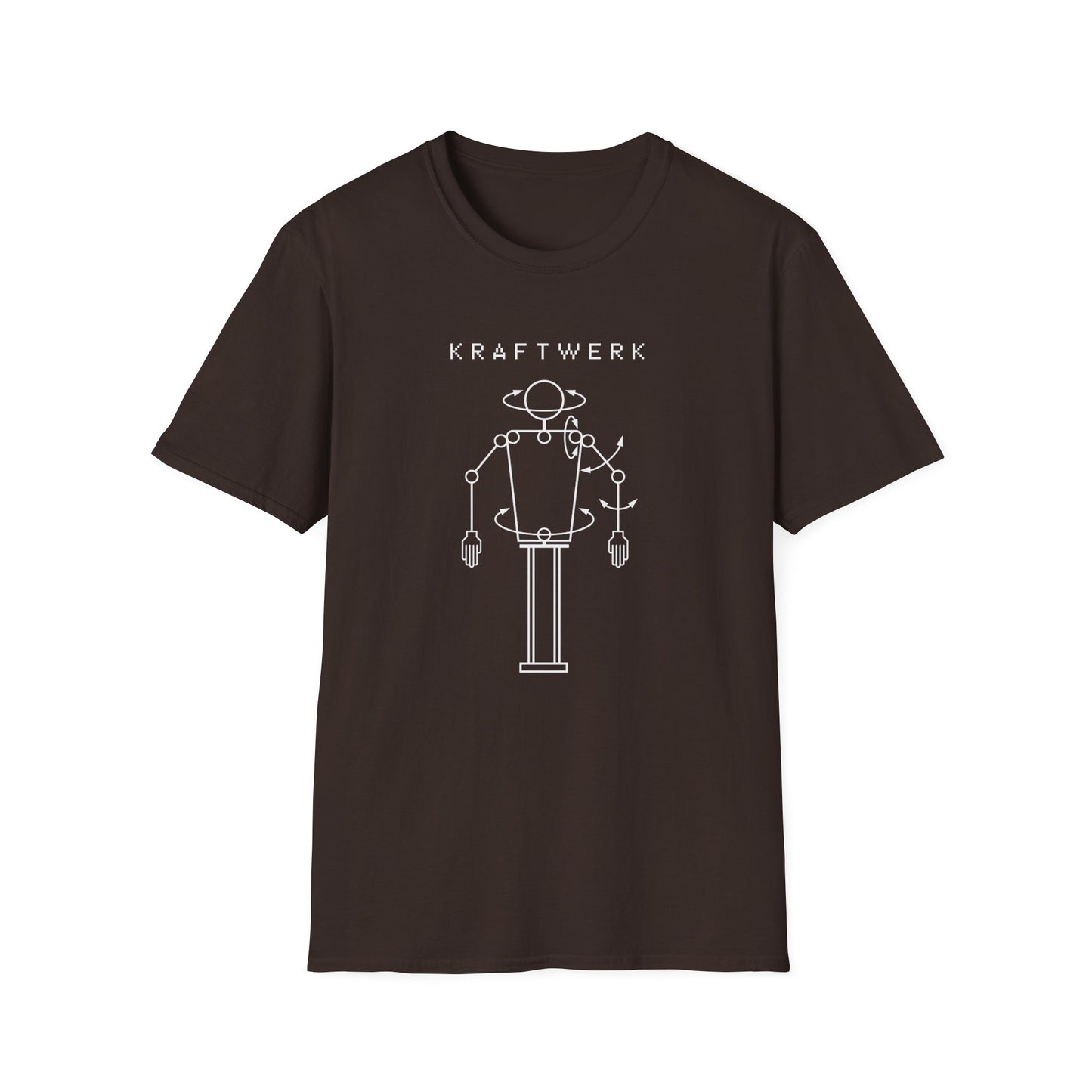 Brown t-shirt with white logo and robot graphic.