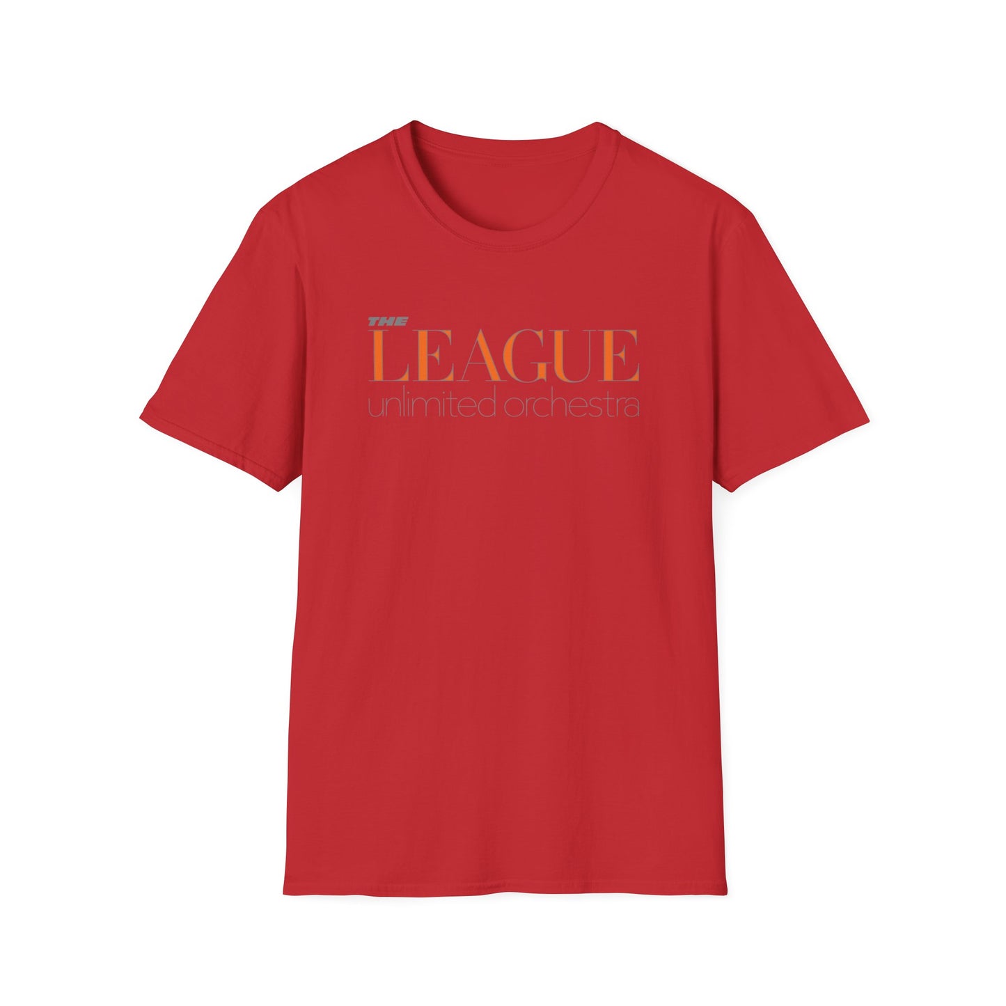 Red t-shirt with "The League Unlimited Orchestra" text on the front.