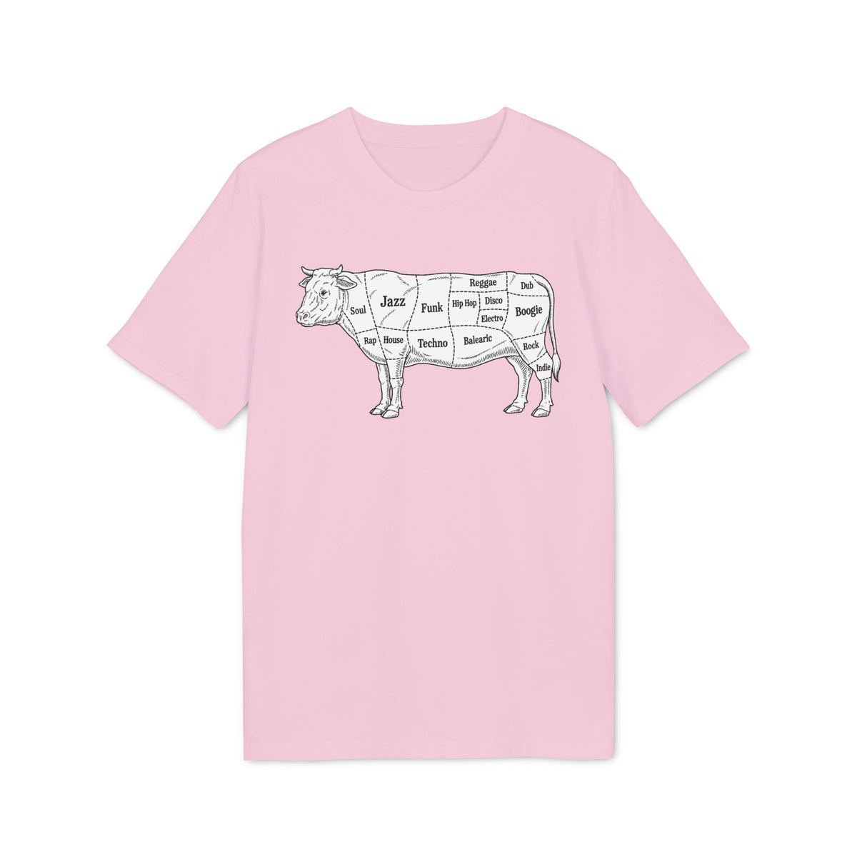 Light pink short-sleeve t-shirt featuring a black graphic of a cow labeled with music genres.