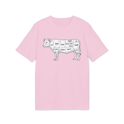 Light pink short-sleeve t-shirt featuring a black graphic of a cow labeled with music genres.