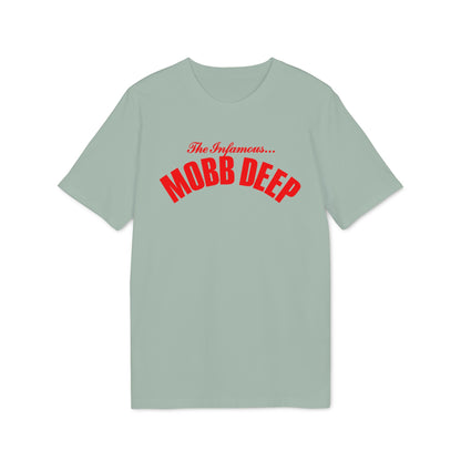 Muted green short-sleeved t-shirt featuring red text reading The Infamous... Mobb Deep on the chest.