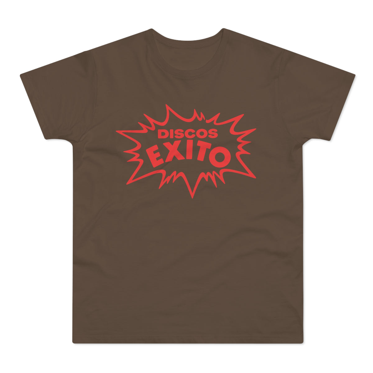 Brown t-shirt with red "Discos Exito" graphic in a burst design.