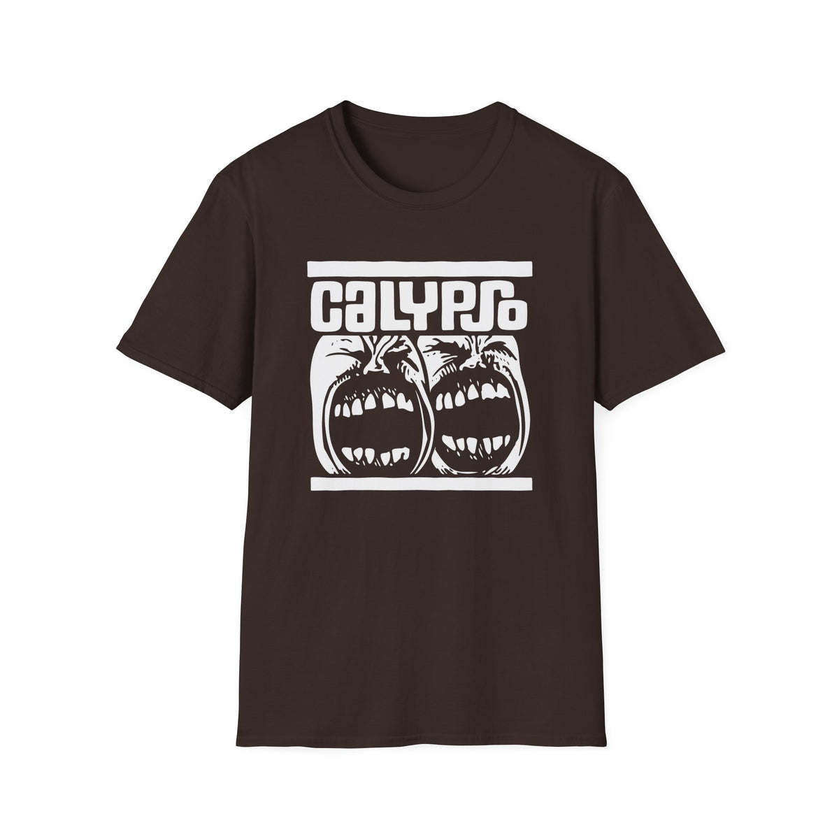 Brown t-shirt with white graphic of two screaming faces and the word CALYPSO.