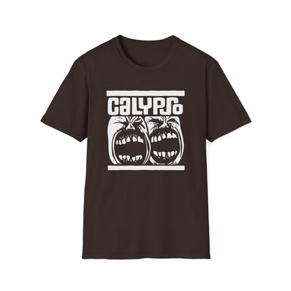 Brown t-shirt with white graphic of two screaming faces and the word CALYPSO.