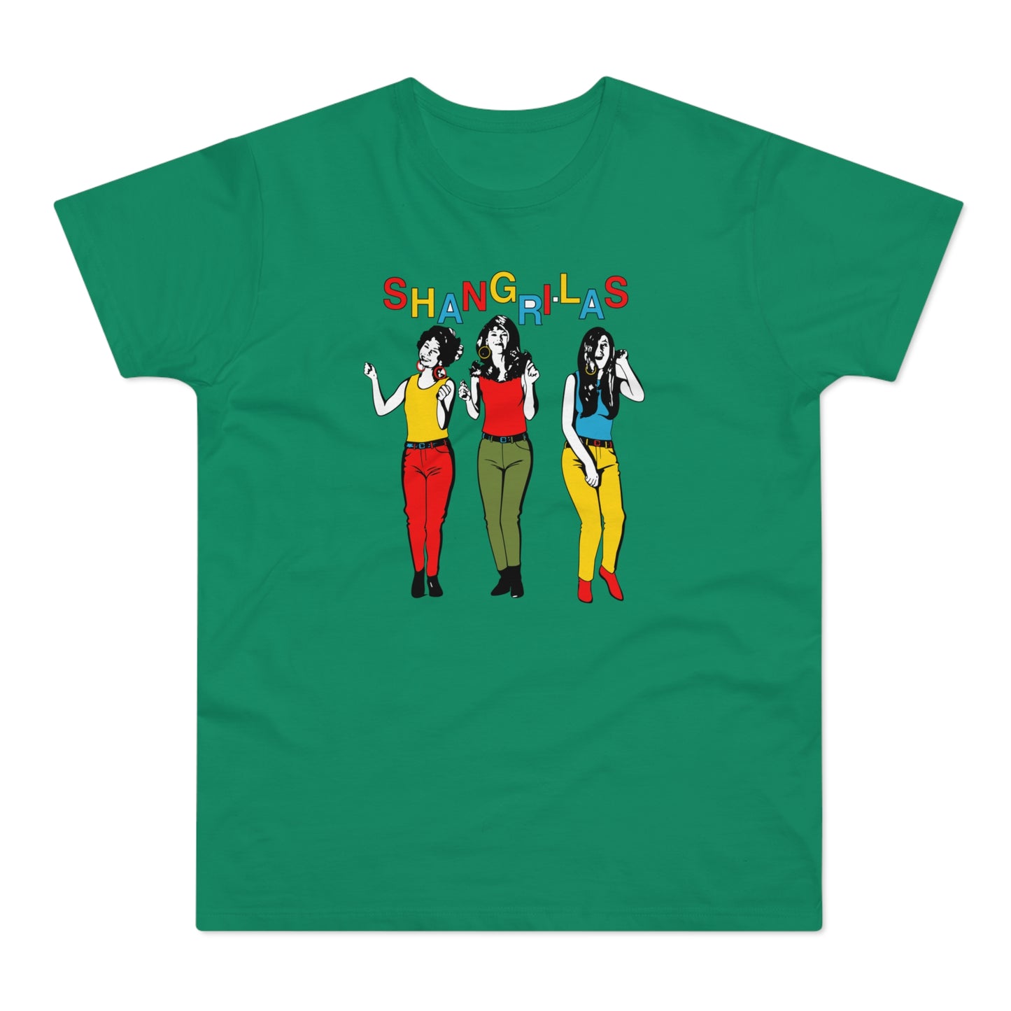 The Shangri-Las, three women in colorful outfits, on a green t-shirt.