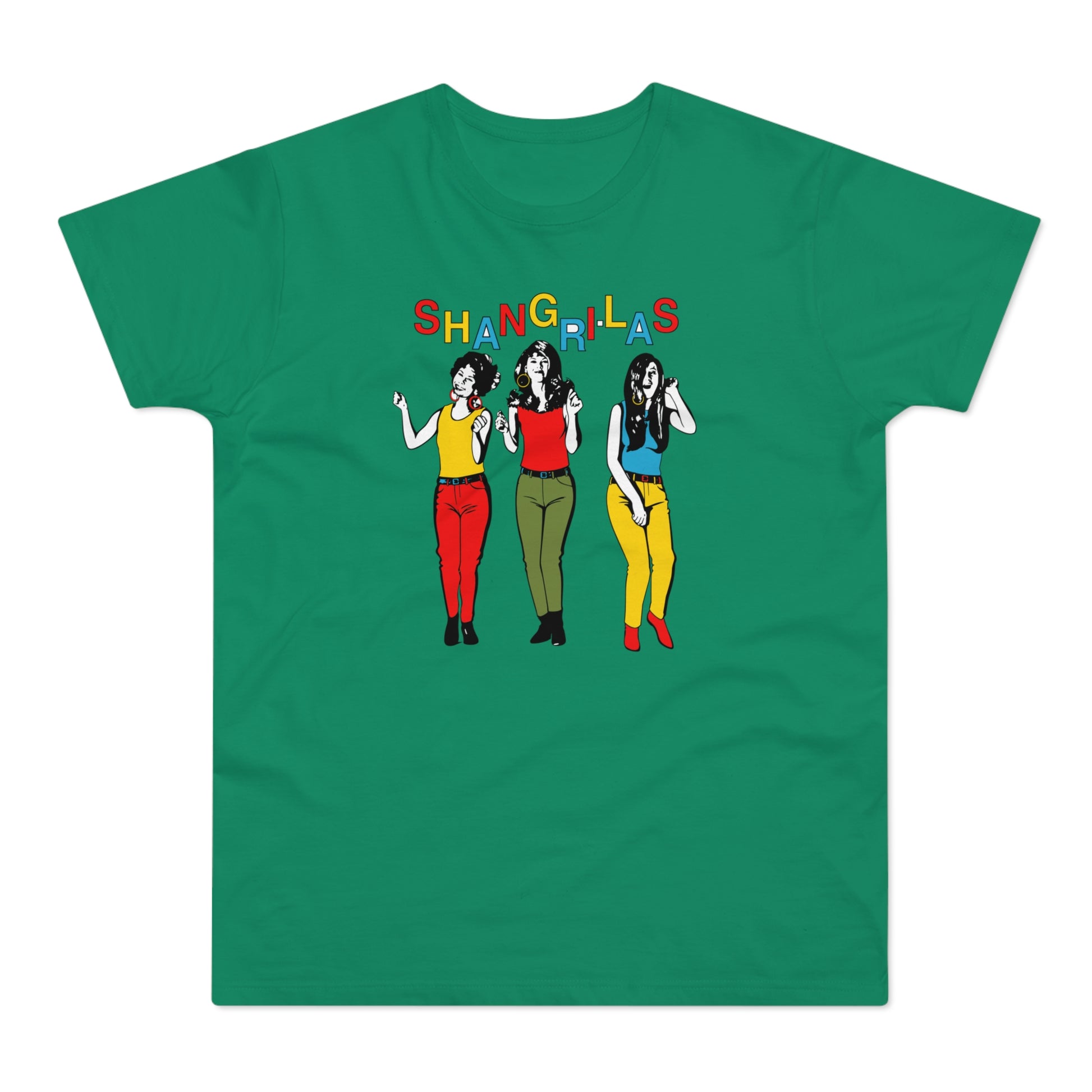 The Shangri-Las, three women in colorful outfits, on a green t-shirt.