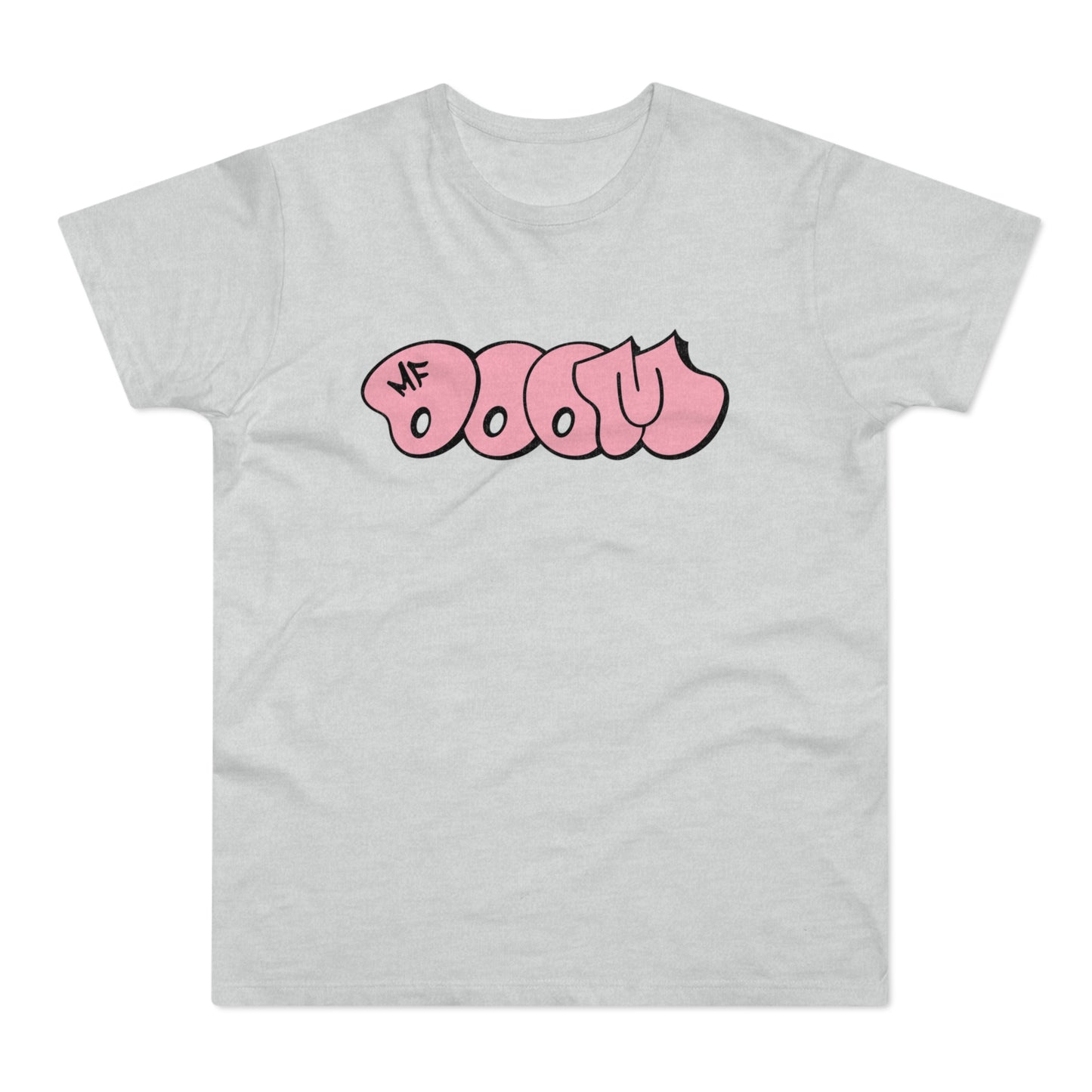Light gray t-shirt with pink "MF DOOM" graffiti text logo.
