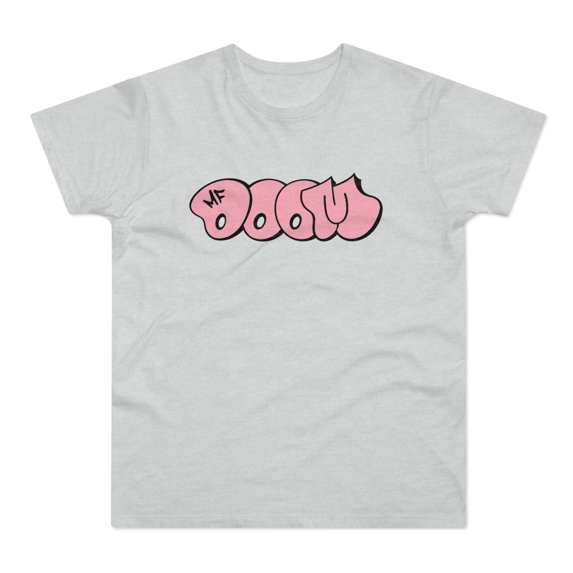Light gray t-shirt with pink "MF DOOM" graffiti text logo.