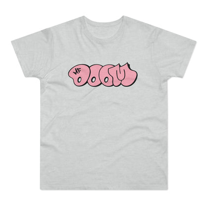 Light gray t-shirt with pink "MF DOOM" graffiti text logo.