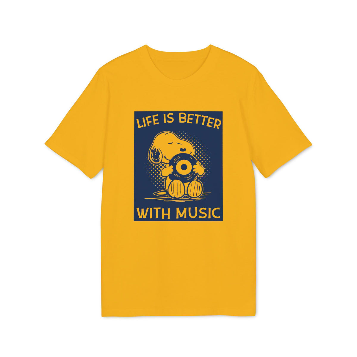 Mustard yellow short-sleeve t-shirt with a navy blue graphic of Snoopy holding a vinyl record and the text Life Is Better With Music.