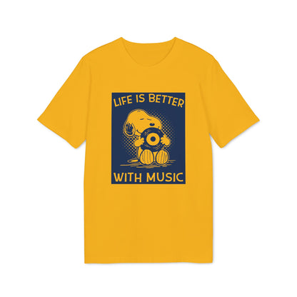 Mustard yellow short-sleeve t-shirt with a navy blue graphic of Snoopy holding a vinyl record and the text Life Is Better With Music.