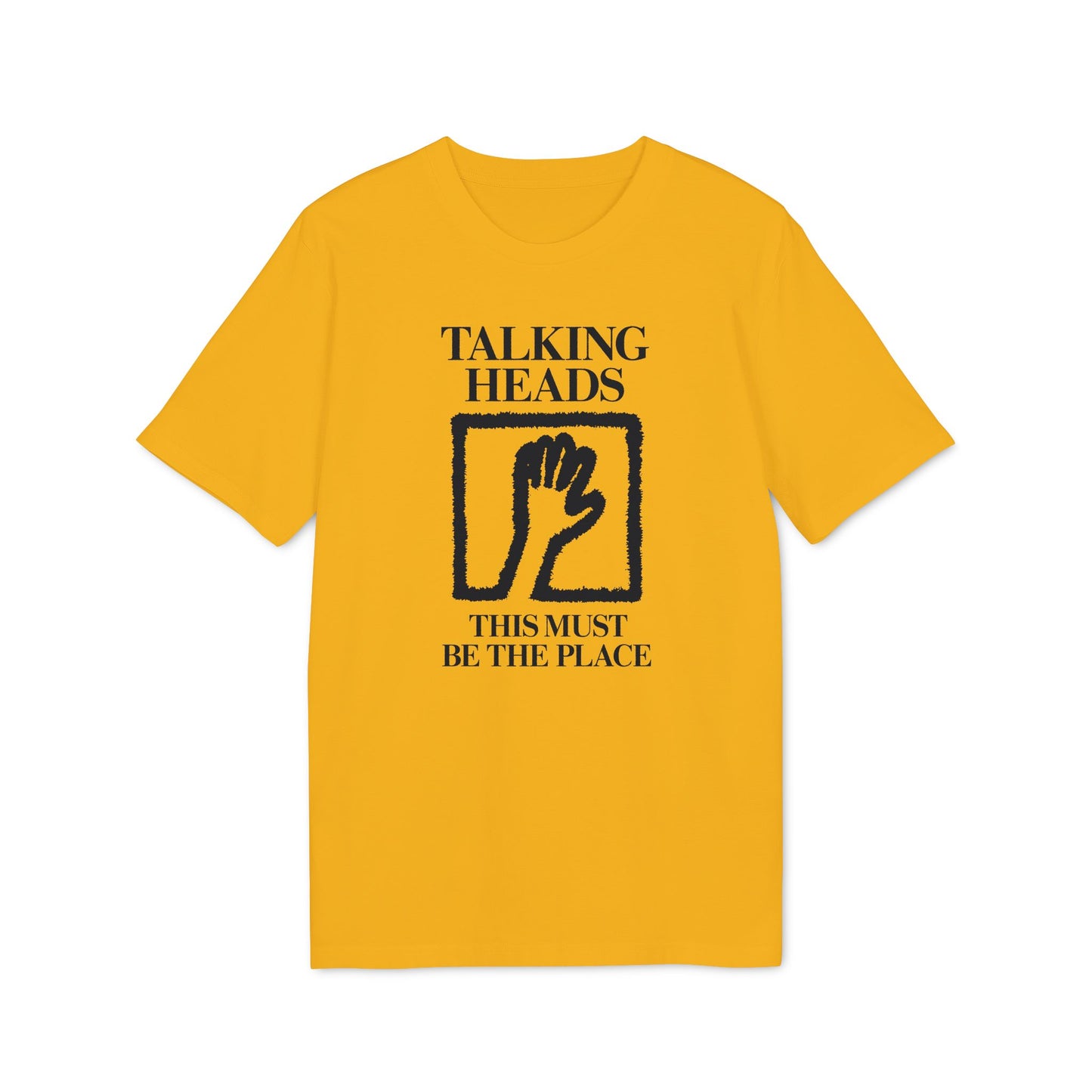 Yellow t-shirt with "Talking Heads" and "This Must Be The Place" text.