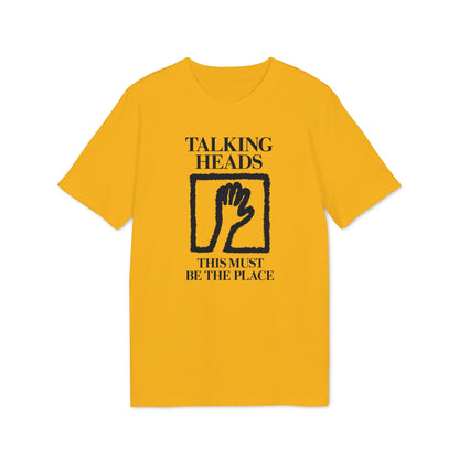 Yellow t-shirt with "Talking Heads" and "This Must Be The Place" text.