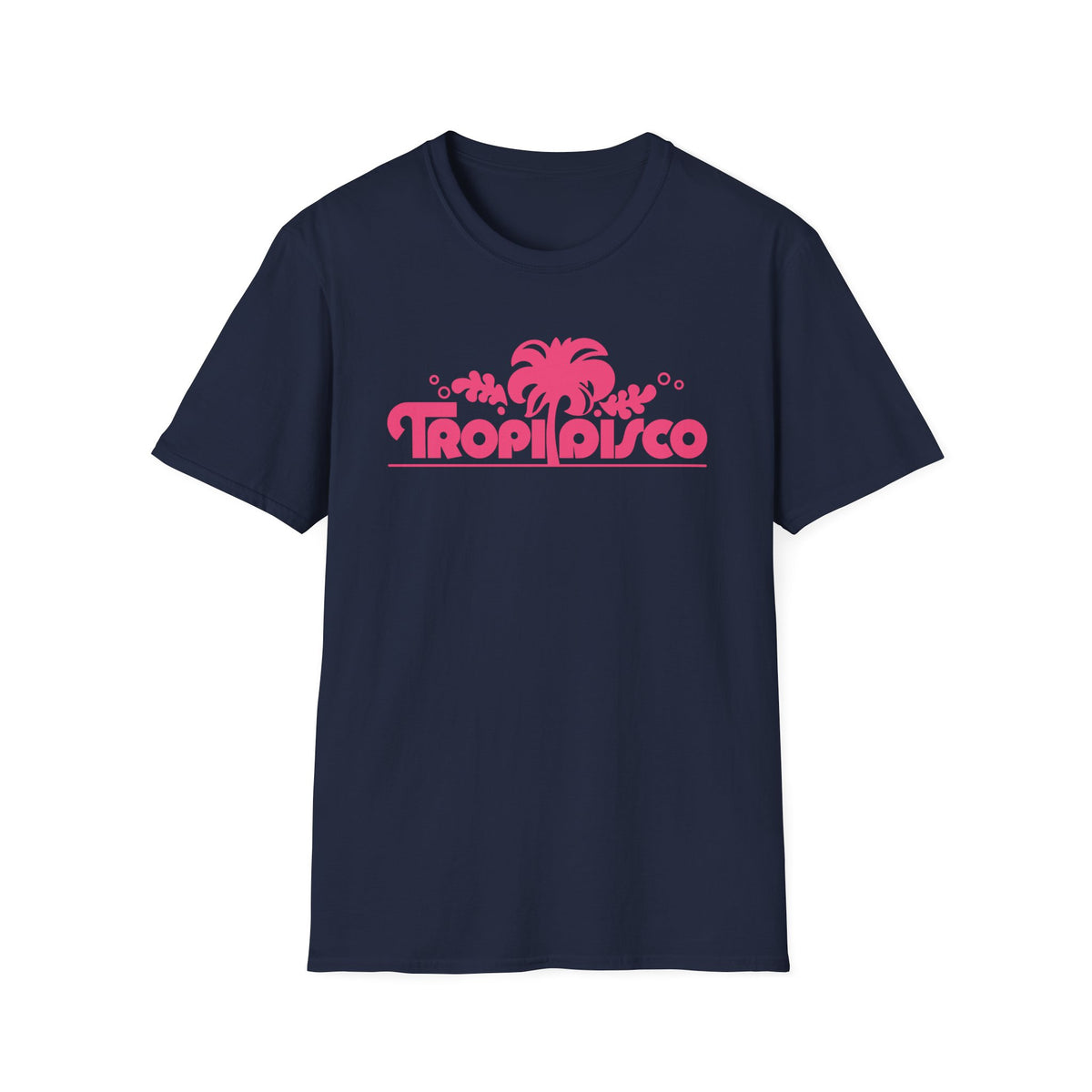Navy t-shirt with a pink "Tropi Disco" palm tree logo.