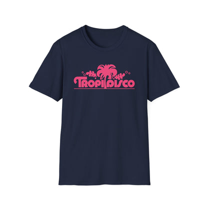 Navy t-shirt with a pink "Tropi Disco" palm tree logo.