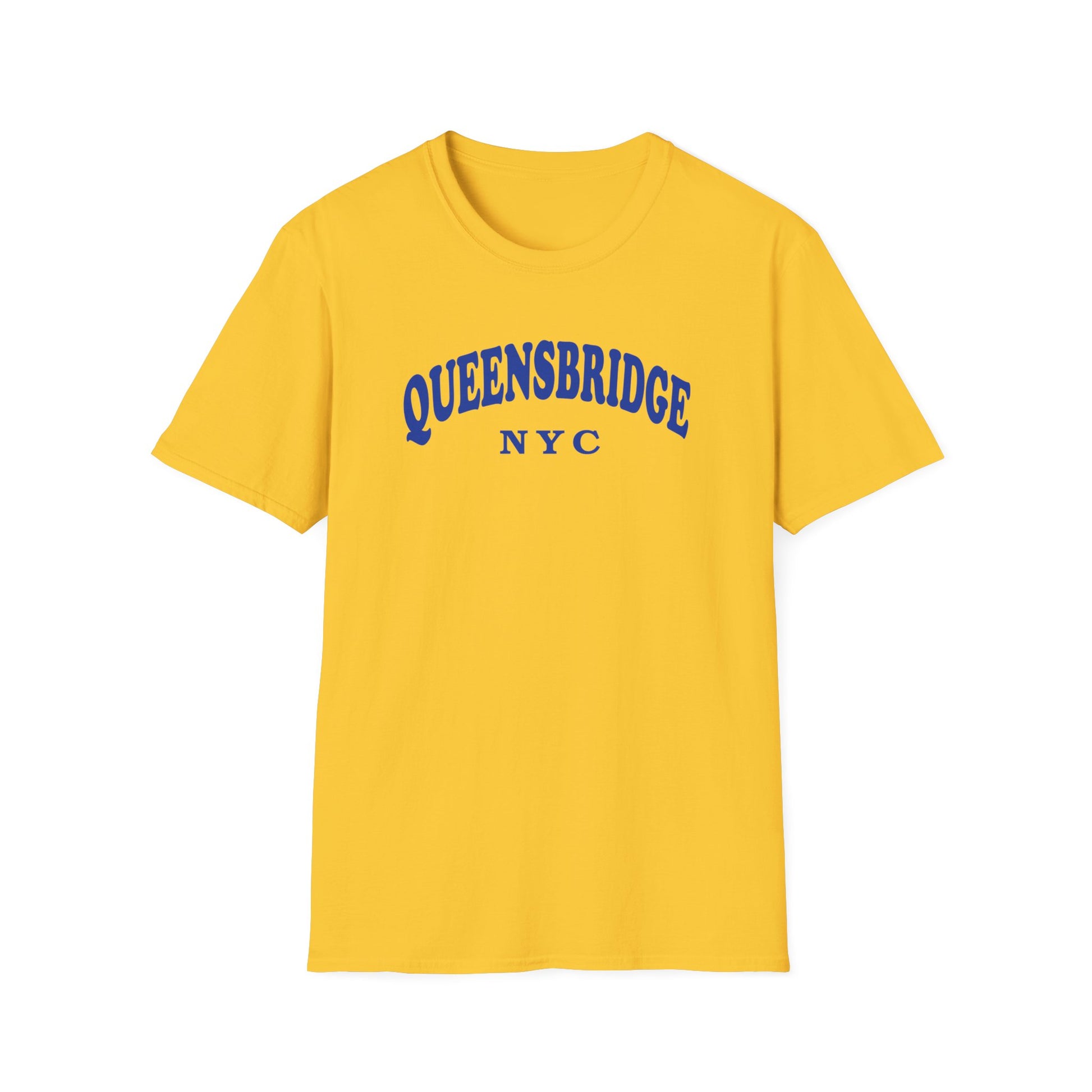 Yellow t-shirt with arched blue "QUEENSBRIDGE NYC" graphic on front.