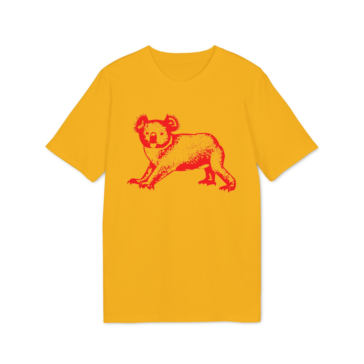 A yellow short-sleeved t-shirt featuring a red graphic of a koala on the front chest.