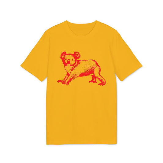 A yellow short-sleeved t-shirt featuring a red graphic of a koala on the front chest.