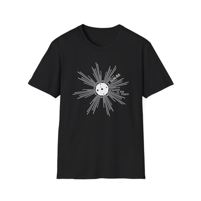 Black t-shirt with Sun-Ra graphic and text "Space is the Place".