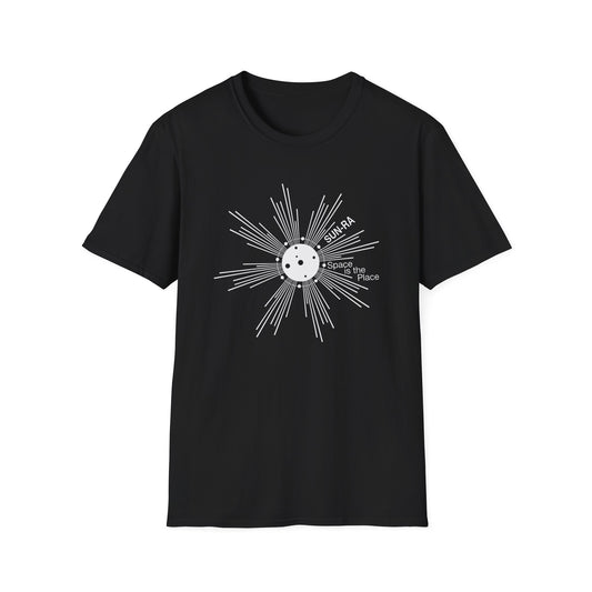 Black t-shirt with Sun-Ra graphic and text "Space is the Place".