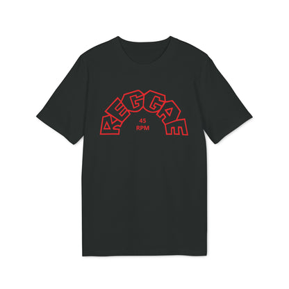 Black t-shirt with red "REGGAE 45 RPM" text graphic.