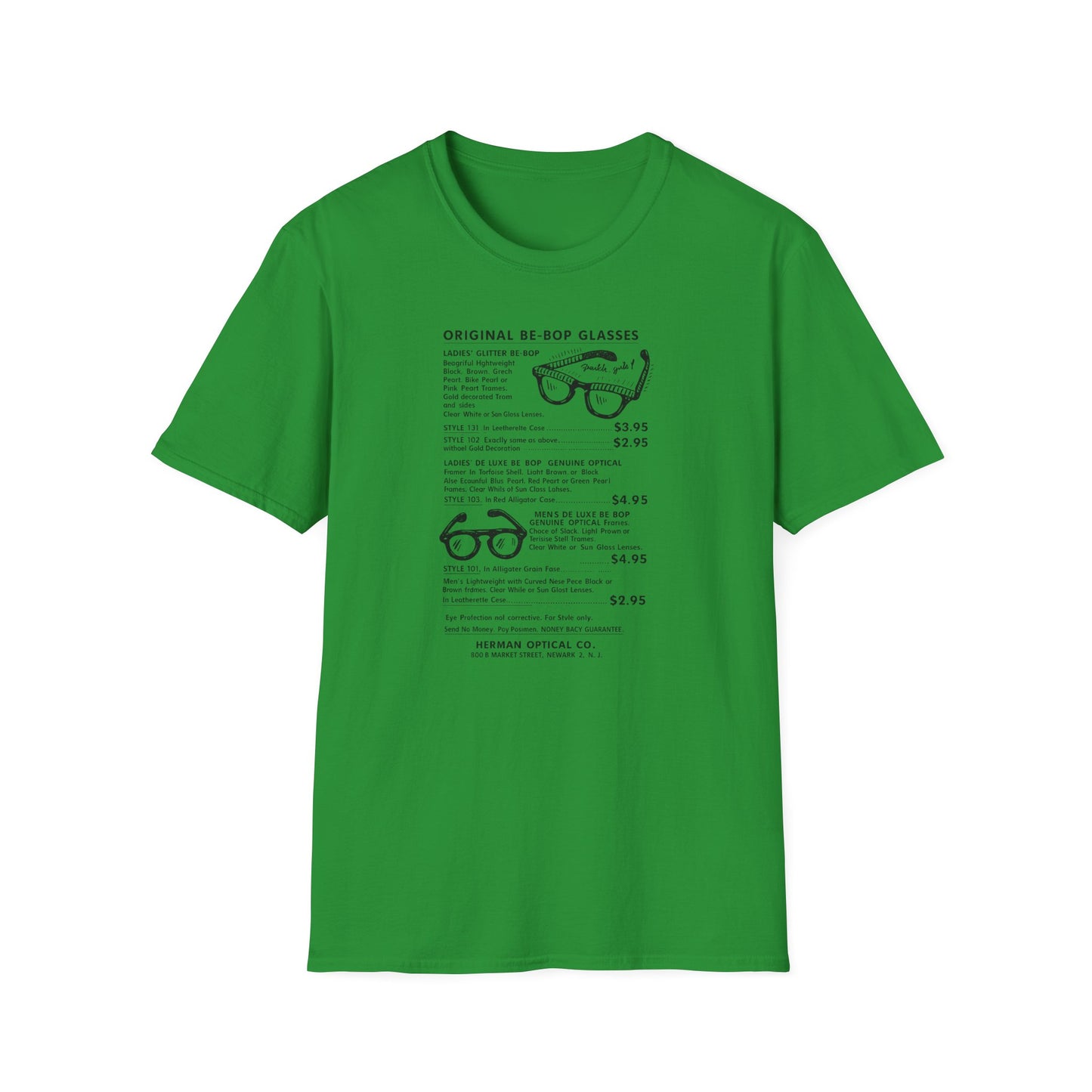 Green t-shirt with text listing original be-bop glasses for sale.